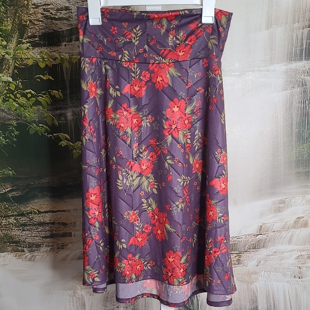 Lularoe Womens Medium Vibrant Purple Red Floral Boho Stretchy High Waist Skirt